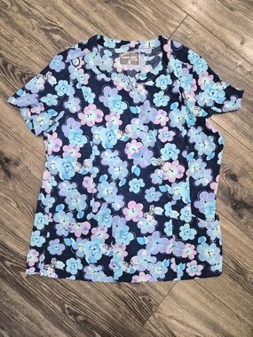Butter Navy Floral Short-Sleeve Scrub Top with Pastel Blue and Pink Blooms